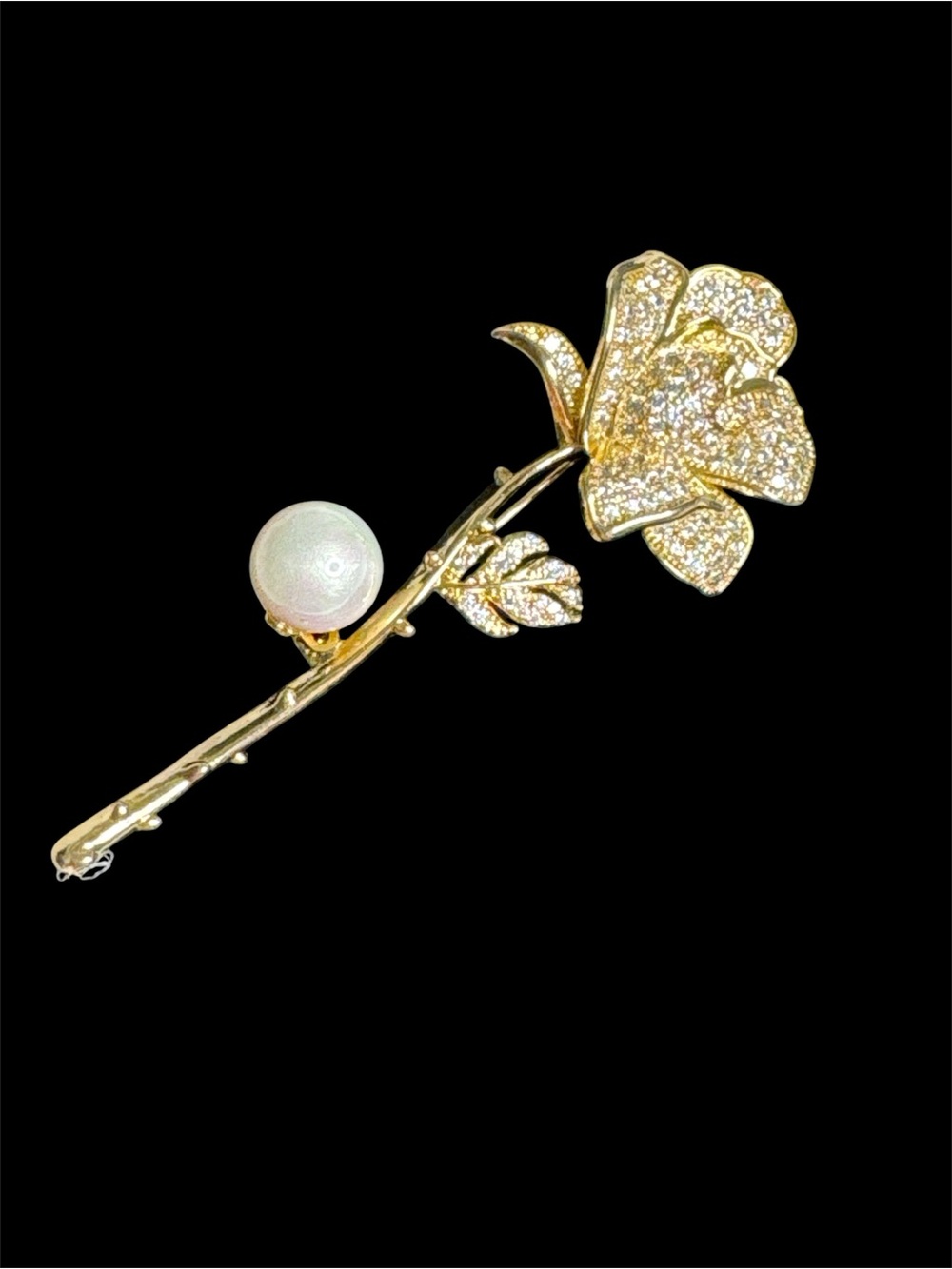 Gold-Tone Crystal Rose Brooch with Pearl Accent